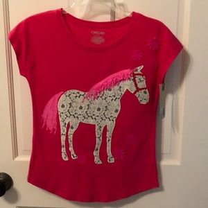 Girls pink top with lace horse. New.